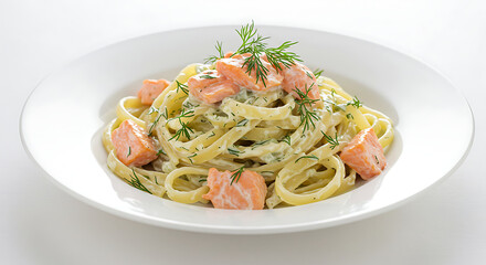 Fettuccine with Atlantic salmon, creamy dill sauce, served on a white plate, isolated on white backdrop