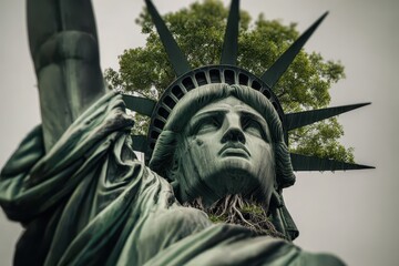 Fototapeta premium Statue of Liberty Close-Up: Green Patina, Crown, and Sky View