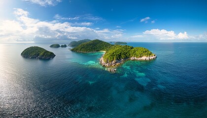 aerial panoramic view of a rocky coastline with lush islands surrounded by clear blue sea and distant clouds under a bright sky
