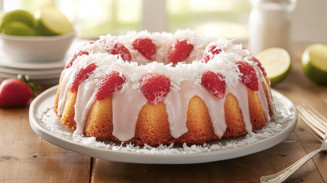Delicious Bundt Cake with Strawberries and Coconut Topping