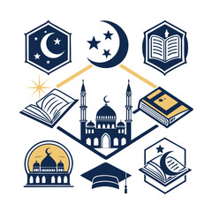 Islamic cultural symbols including mosques, crescent moon, stars, and books representing faith, knowledge, and education in a modern graphic design