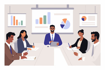 Diverse business team in a meeting with charts and graphs