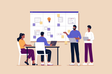 Team collaborating around a kanban board with laptops