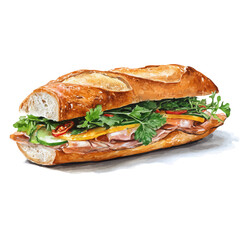 Banh Mi, watercolor painting, vector illustration, isolated on a white background.