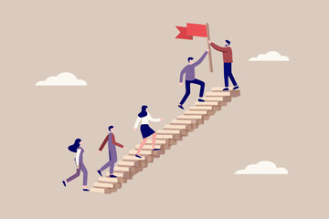 Team climbing stairs towards a red flag symbolizing success and achievement