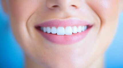 Fototapeta premium close up on a bright smile of a woman highlighting white teeth against a blue background