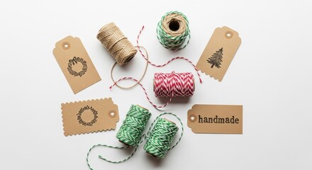 Stamped gift tags with twine rolls on a solid white background
