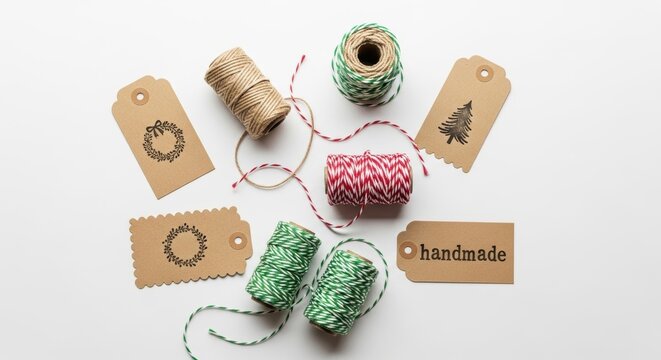 Stamped gift tags with twine rolls on a solid white background
