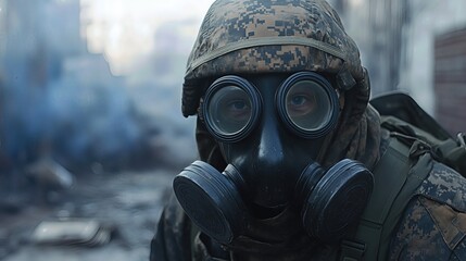 soldier, wearing gas mask, in the middle of war zone. Smoke and debris surround him.
