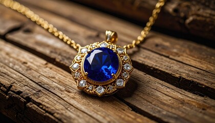 Elegant gold necklace with blue gemstone on rustic wooden background