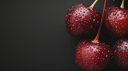 Cherries with water drops on a black background closeup.