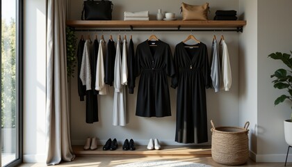 plus size essential outfits in black and grey, on mannequin inside modern closet, natural daylight, canvas tote and loafers, cozy style, with copy space for text