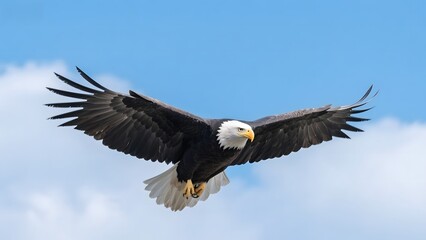 Naklejka premium Bald Eagle Soaring Through a Clear Blue Sky