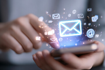 Hands using smartphone sending glowing email icons and @ symbols with digital communication sparks flowing, representing modern connectivity and digital messaging.
