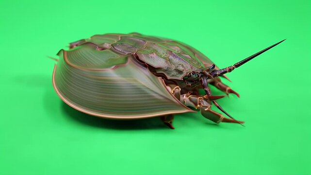 Prehistoric Horseshoe Crab on Vibrant Green Background, Showcasing Ancient Marine Life and Unique Exoskeleton