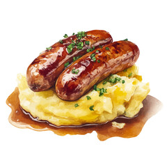 Watercolor vector illustration of Bangers And Mash, isolated on white background.