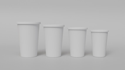Four white paper disposable cups of different sizes standing in a row on a white background, mockup for packaging design