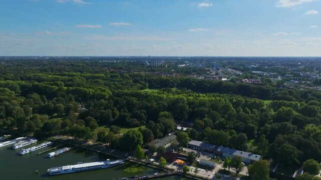 Aerial drone view of the Soviet War Memorial Treptow in Berlin, Germany &ndash; monumental WWII memorial complex with statue, cemetery, and Treptower Park seen from above. 10 September 2024