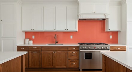 modern kitchen interior with kitchen white upper cabinets and walnut lower