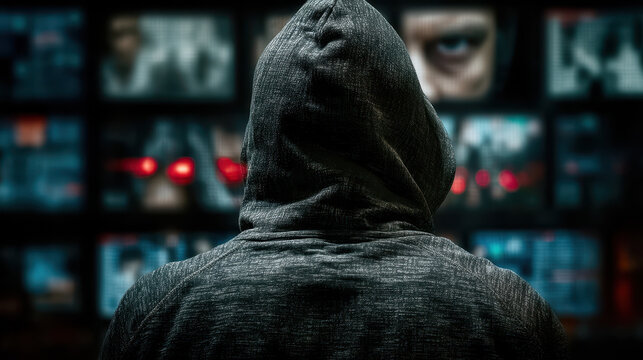 Cybersecurity analyst working late in a dark control room while a shadowy AI watches from multiple screens