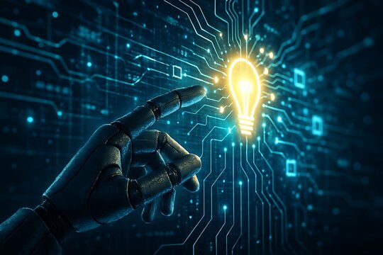 Robotic finger touches glowing light bulb on futuristic digital circuit board