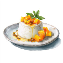 Watercolor depiction of coconut panna cotta with mango