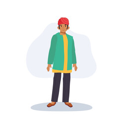 indian gentleman in green kurta with yellow trim red turban and black trousers cultural dress illustration