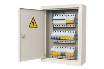 Open electrical panel showing circuit breakers and wires on transparent background