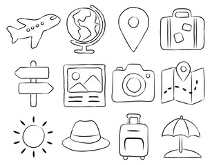 Hand drawn travel icon set, hand drawn doodle travel themed illustrations