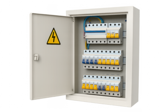 Open electrical panel showing circuit breakers and wires on transparent background