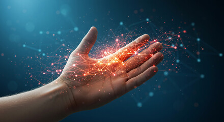 Fototapeta premium A hand outstretched with glowing red and orange energy emanating from the palm, connected by a network of blue lines and dots.