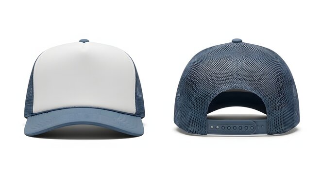 Professional Slate Blue Trucker Hat Mockup, Dual View with Blank White Panel