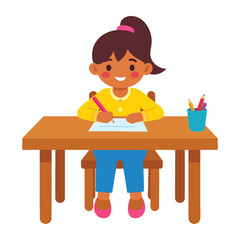 A young girl with brown hair sits at a desk, writing on a paper with a pencil.