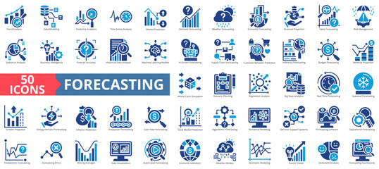 Forecastingicon set flat style collection. Containing trend, analysis, data modeling, predictive analytics, market, demand, financial projection, risk, management.