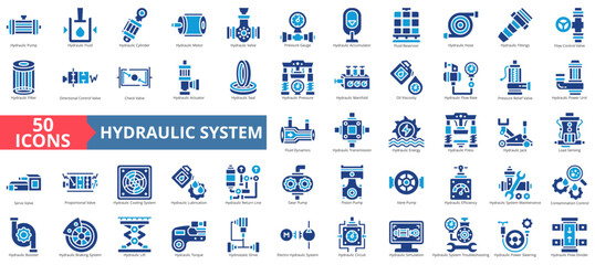 Fototapeta premium Hydraulic systemicon set flat style collection. Containing pump, fluid, cylinder, motor, valve, pressure gauge, accumulator, flow control, fittings, flow control.