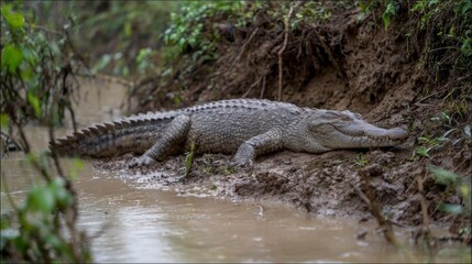 Fototapeta premium Gray crocodile on muddy riverbank