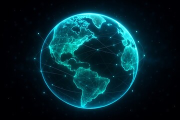 Glowing neon digital earth globe with data streams on black background