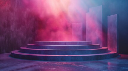 Illuminated stage with steps and pink smoke atmosphere scene