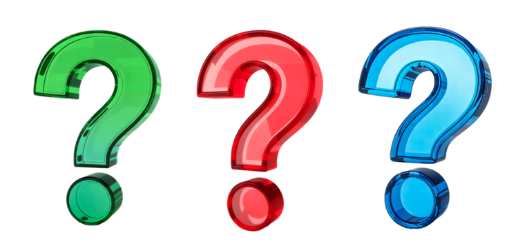  Colorful 3D Glass Question Marks in Green, Red, and Blue on Transparent Background. question mark and exclamation mark. 3D Render Question Mark Green, Red, Blue Color