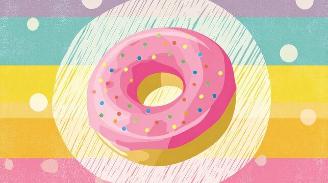 A pink donut with rainbow sprinkles sits within a circular frame against a pastel rainbow striped background with scattered white dots.  The style is whimsical and slightly textured