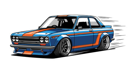 Blue Orange Vintage Sports Car Pixel Art Illustration