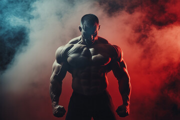 Muscular male bodybuilder posing in dramatic lighting