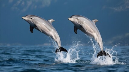 Fototapeta premium Two dolphins leap gracefully out of the ocean, creating a splash against a serene blue backdrop.