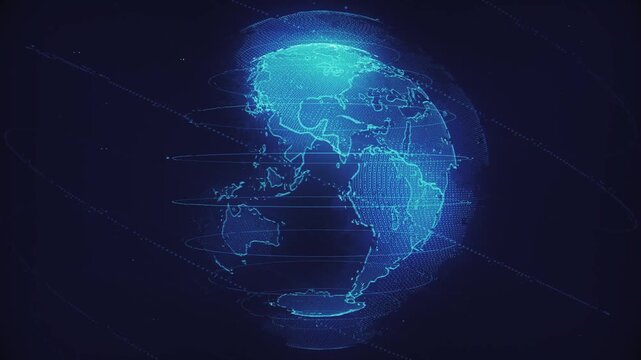 Spinning blue digital hologram globe with glitch effect. Global communications, connections and cybersecurity concept technology background. Full HD and looping futuristic tech animation.
