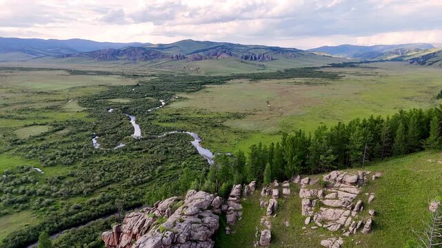 Mongolia River Valley Steppe Forest Green Hills Drone 4k
