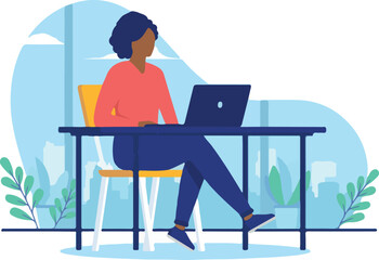 Minority woman education - Black female person sitting on books with computer studying and learning. Flat design vector illustration with white background