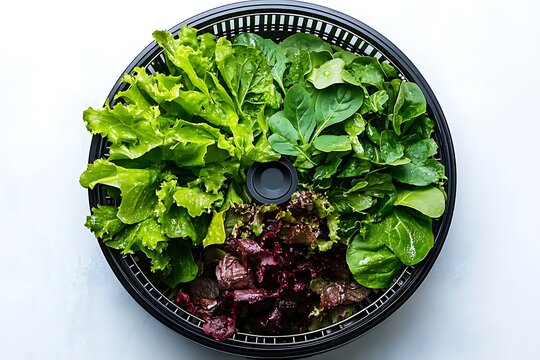 Fresh Salad Greens in Black Bowl Lettuce, Spinach, and Red Leaf Varieties