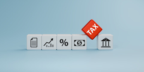Tax, accounting, financial management, and economic strategy. 3D illustration of finance icons including tax, growth chart, percentage, money, and bank.
