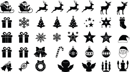 Christmas icons set, black silhouette festive symbols, Santa Claus sleigh, reindeer, snowflakes, Christmas tree, gifts, ornaments, bells, stars, holiday decorations