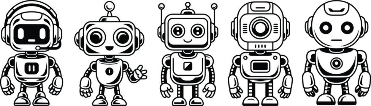 Cartoon robot characters set, cute futuristic droids vector, friendly AI machines illustration, children robot clipart icons, retro android design collection